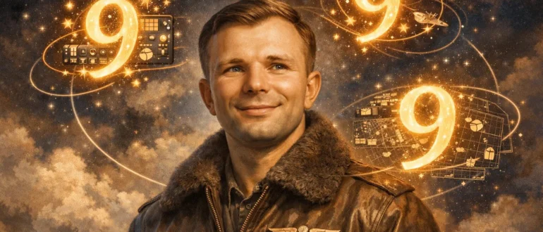 ри цифры 9 парят вокруг головы Гагарина, превращаясь в звёзды, карты и приборы, визуализация его феноменальной памяти.
