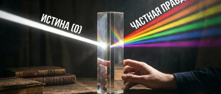 Кристаллическая призма: белый свет истины раскладывается на спектр частных правд и собирается обратно: синтез 0↔8