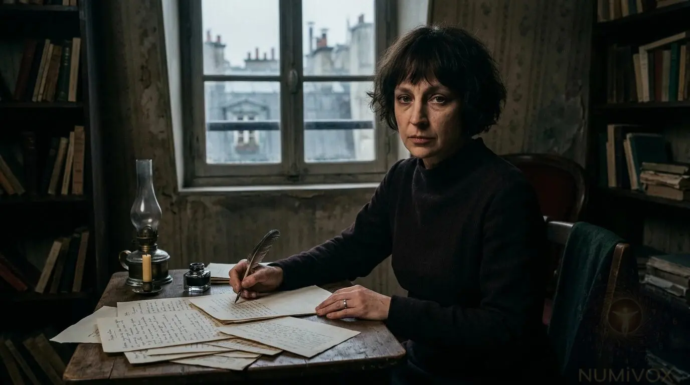 Марина Цветаева за письменным столом в парижской эмиграции, 1930-е годы. Интенсивный взгляд, растрёпанные волосы, рукописи на столе.