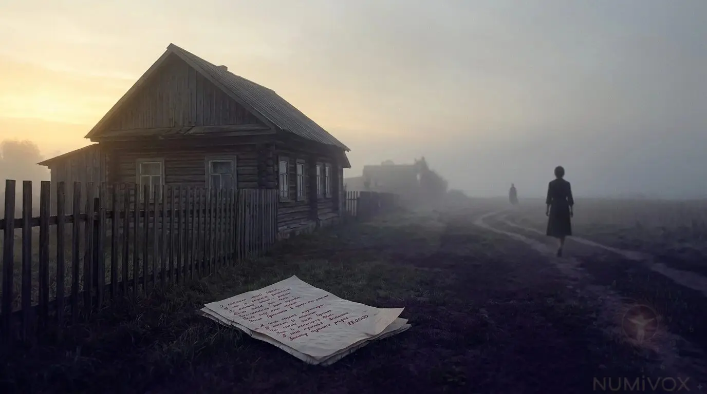 Раннее утро в Елабуге, август 1941. Пустой деревянный дом. На переднем плане — рукопись Цветаевой на земле, страницы влажные от росы. На заднем плане — силуэт женщины в тёмном платье, уходящей в серый туман и растворяющейся в нём.